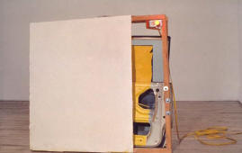 1989 Car door, Sheetrock, cloth, oil, acrylic and latex paint, orange light, yellow electrical cord, wood, hardware approx 51 in