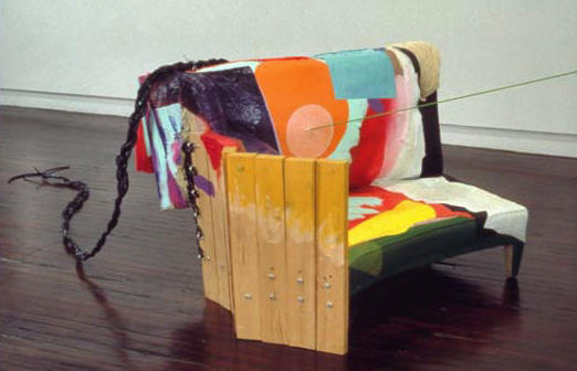 1994 Pink couch, oil and acrylic paint, wood, hardware, electric wiring, newspaper mch, plastic, twine, clothing, string, nail 180 x 61 x 47 in 457.2 x 154.9 x 119.4 cm Collection Eileen and Michael Cohen, New York