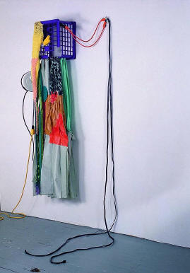 1995 Purple plastic stacking crate,two pipe warming wires,extension cords and cord winder,crocheted yarn,fabric, plastic,acrylic paint,hardware 94.5 x 46 x 48 in 240 x 116.8 x 121.9 cm Collection Barbara and Thomas Ruben, Chicago